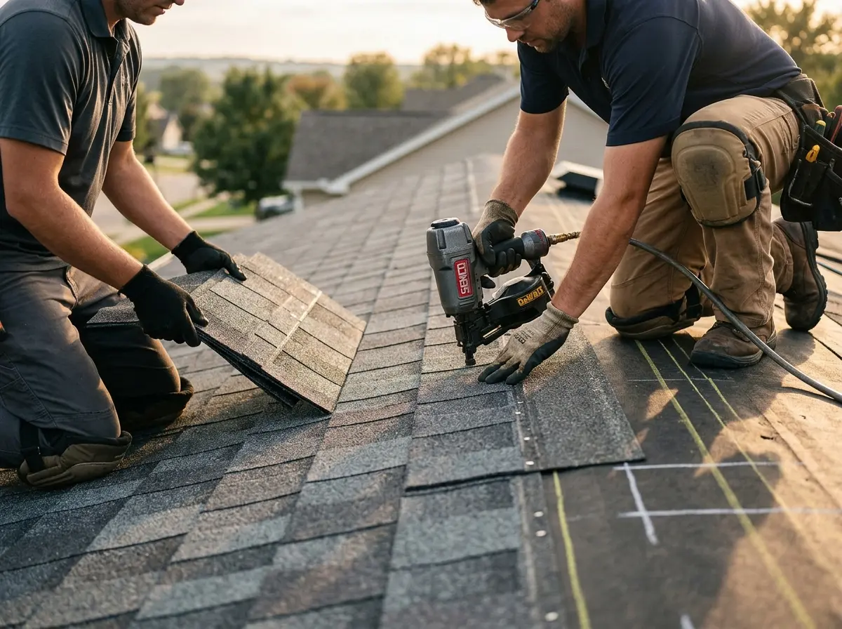 Professional roofer working on a residential roof in Midvale